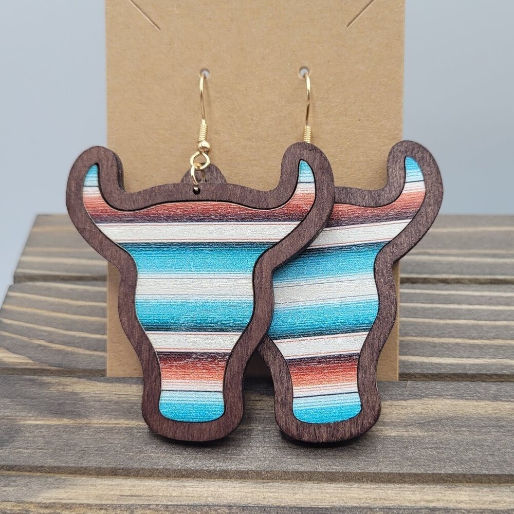 Bull Steer Head Earrings Women OS Multi Serape Wood Southwestern Drop